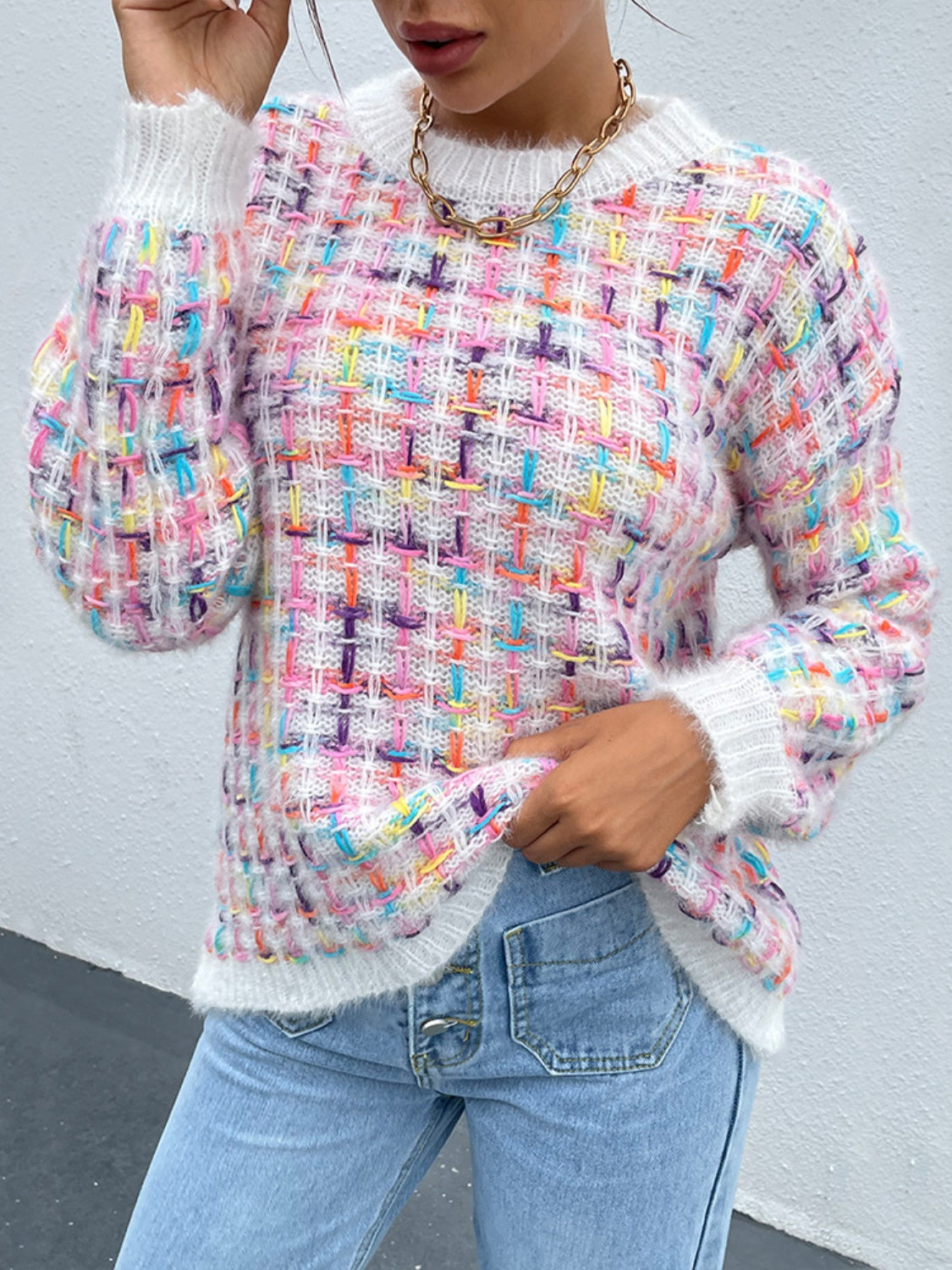 Multicolor Round Neck Dropped Shoulder Sweater