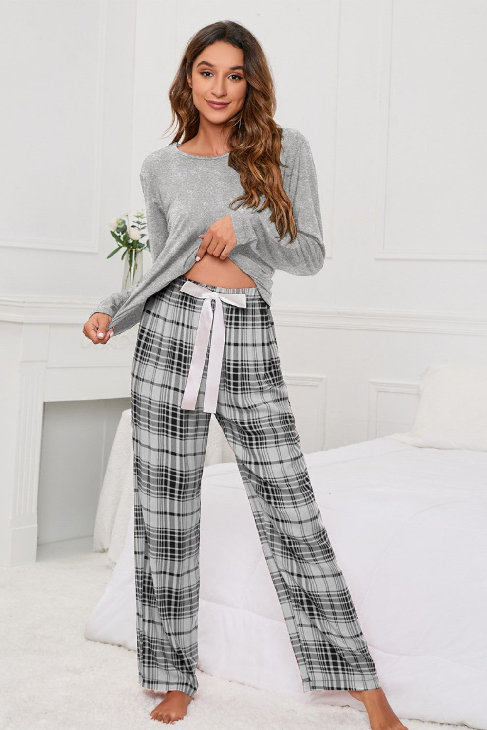 Round Neck Long Sleeve Top and Bow Plaid Pants Lounge Set