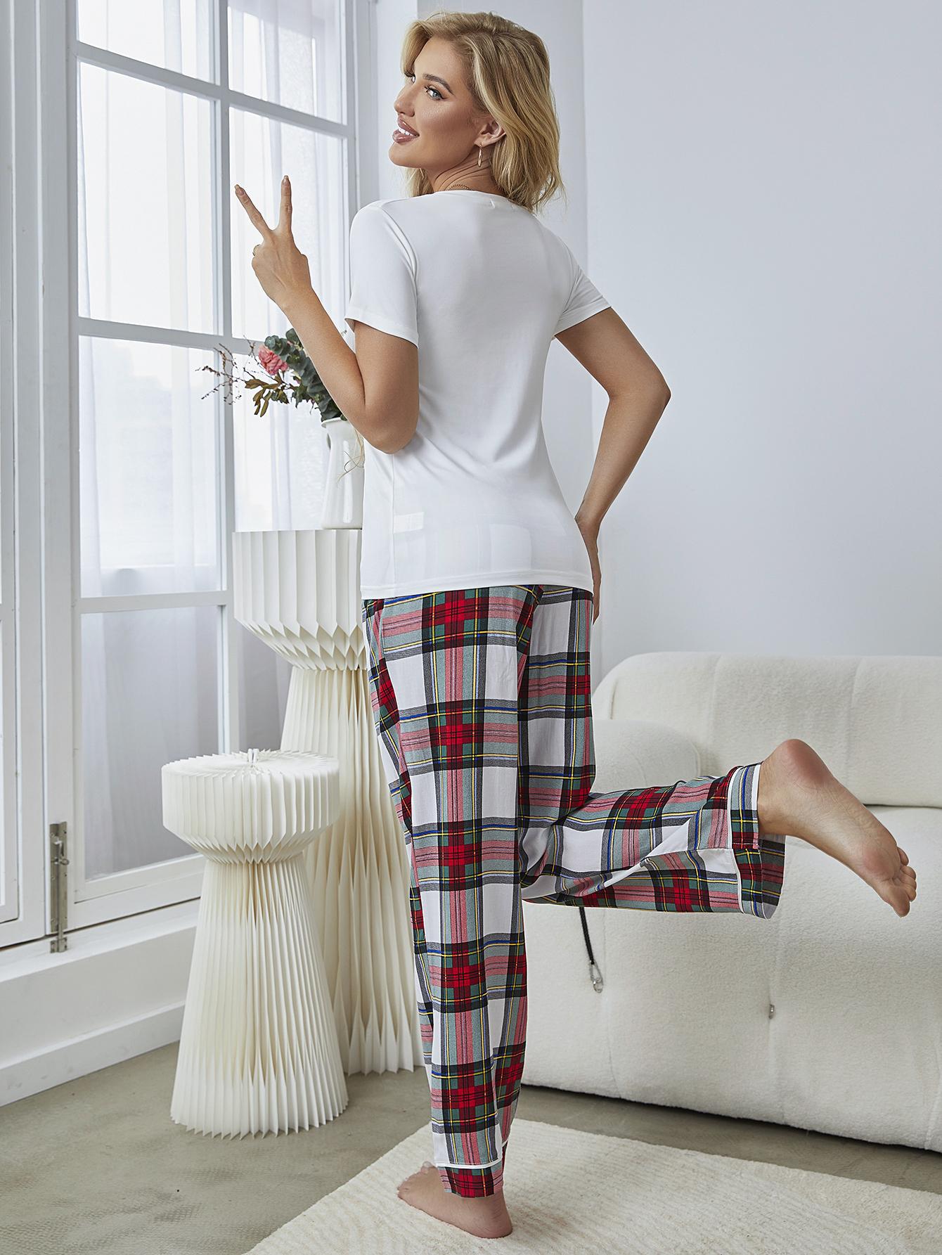 V-Neck Tee and Plaid Pants Lounge Set